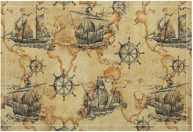 Nautical Themed Placemats Beach Vintage Map Boat Art Printed Dining Table Mats Set of 4 for Restaurant Home Kitchen Holiday Picnic Party Decor 12x18in