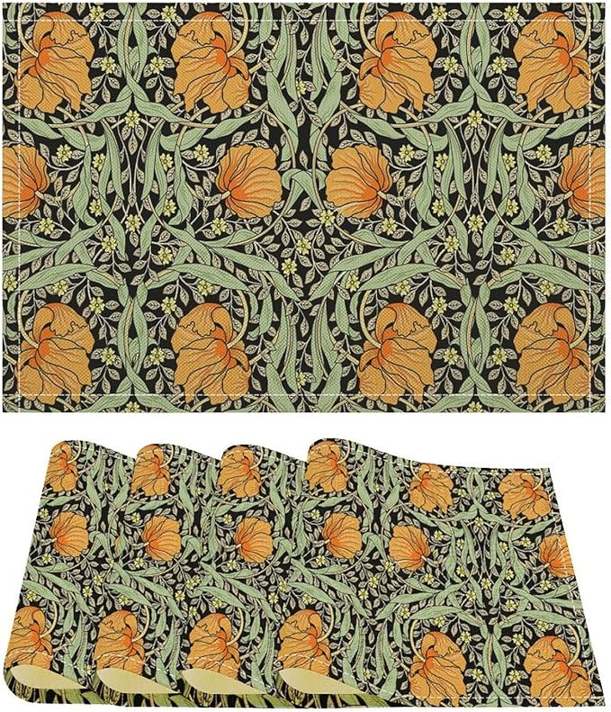 William Morris Placemats Farmhouse Sage Green Orange Vintage Floral Art Printed Dining Table Mats Set of 4 for Home Kitchen Holiday Picnic Party Decoration 12x18in