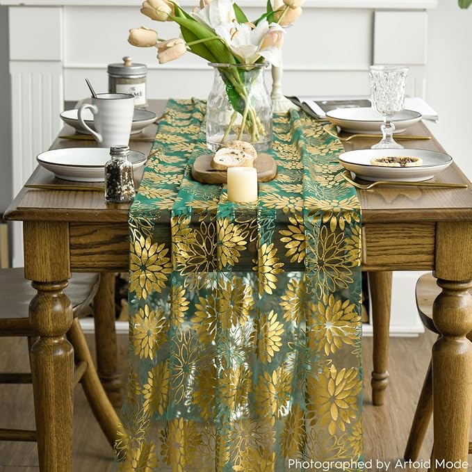 Artoid Mode 3PCS Green Gold Dahlia Flower Gauze Table Runner 120 Inch 10FT, Glitter Metallic Foil Seasonal Sheer Dining Holiday Table Decor for Home Party