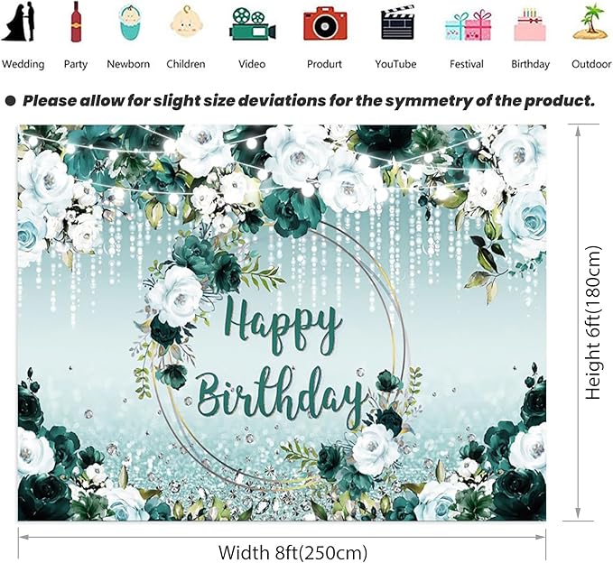 Renaiss 8x6ft Floral Happy Birthday Backdrop for Woman Fabric Green White Flowers Blooming Flower Photography Background Shinning Diamond Photo Backdrops for Birthday Party Supply