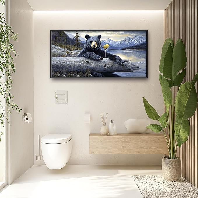 Forest Bear Large Decor Framed Wall Art Mountain Lake Cabin Pictures for Living Room, Black Bear Oversized Canvas Print Painting Modern Extra Large Framed Artwork for Bedroom Office 60"x30"