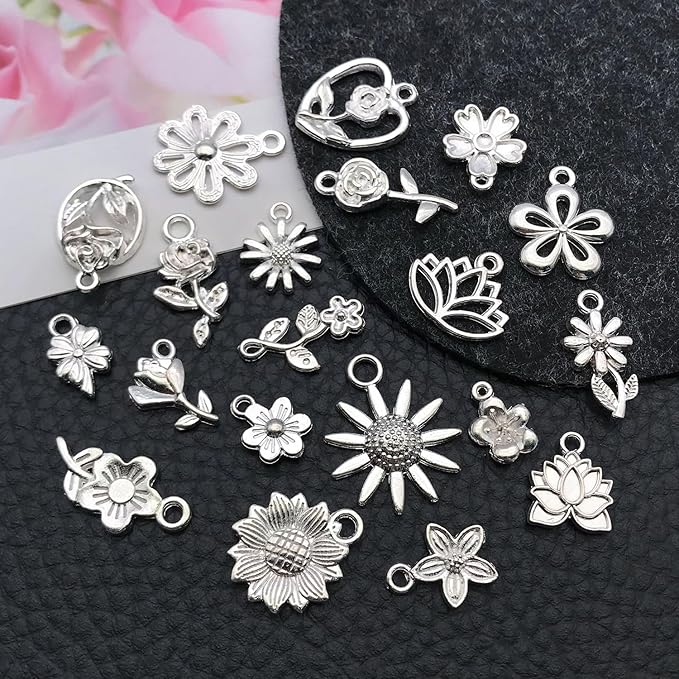 WOCRAFT 60pcs Bright Silver Flowers Bracelet Charms for Jewelry Making Sets DIY Necklace Bracelet Keychain Crafting Charms Kit Craft Supplies (SN879)