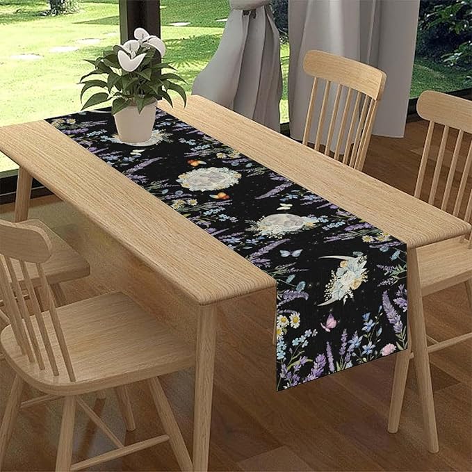 Boho Floral Table Runner, Spring Gothic Moon Phase Wildflower Mystical Witchy Farmhouse Coffee Table Center Decor for Home Kitchen Dining Patio Holiday Party Table Decorations 13x72 inches
