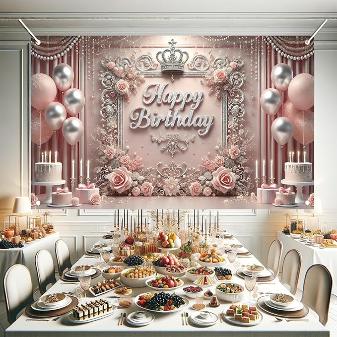 Starlit Patio Elegant Pink Happy Birthday Banner Backdrop Princess Girls Party Decorations Photography Backgrounds Crown Roses Balloons Cake Table Photo Booth Props 71 x 43 inch
