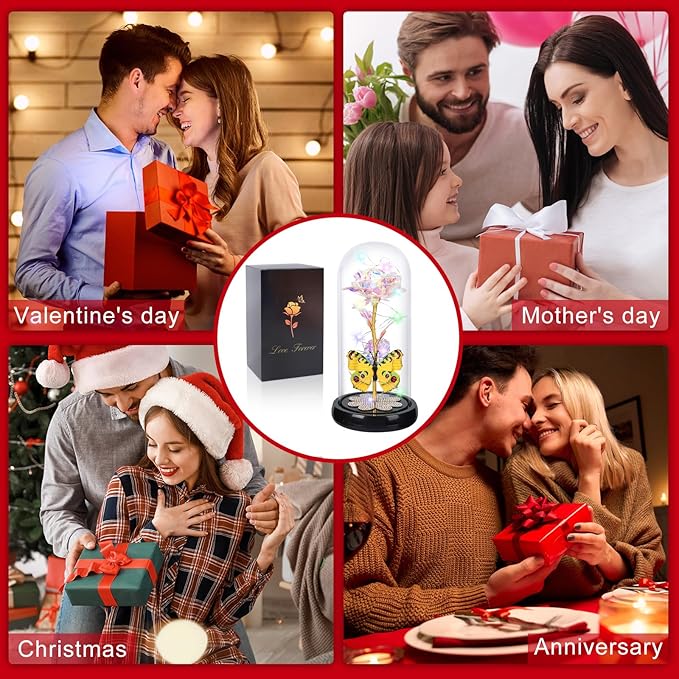 Christmas Rose Gifts for Women, Womens Gift for Christmas Rechargeable Galaxy Glass Rose Light Up Roses In Glass Dome Colorful Crystal Flower Butterfly Birthday Xmas Gifts for Women Her Wife Grandma
