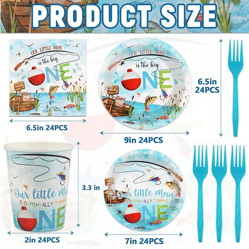 120 PCS Ofishally One Birthday Party Decorations, Ofishally One Paper Plates, Napkins Cups and Forks Tableware Set, Fishing Party Decor Supplies for 1st Fish Birthday Christmas Parties, Serves 24