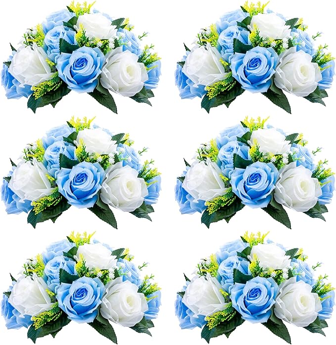 NUPTIO Flower Centerpieces for Wedding Tables: 6 Pcs Blue & White Artificial Flower Ball Arrangement for Weddings Party - Fake Floral Rose for Birthday Bridal Shower Decorations