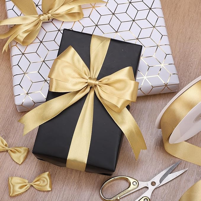 Gold Ribbon 1 Inch 50 Yards Gold Satin Ribbon Gift Bows for Wedding Party Holiday Christmas Decorations Gift Wrapping Ribbons Crafts Hair Bows