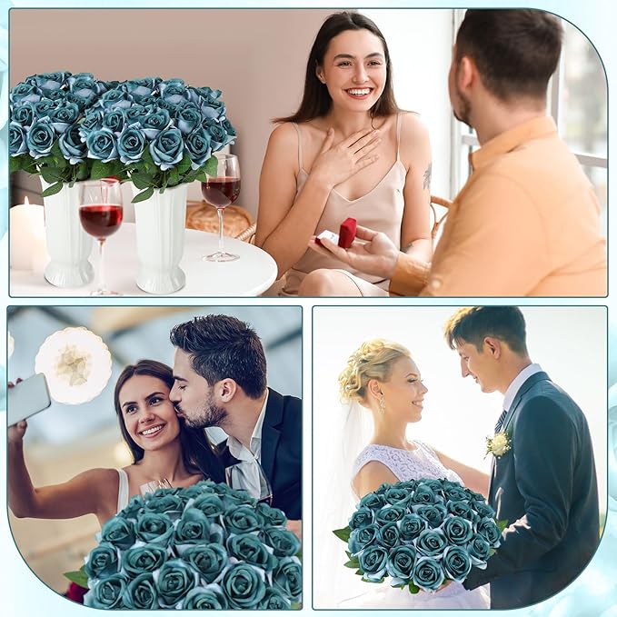 80 Pcs Roses Artificial Flowers, Silk Gradient Blue-Green Artificial Flowers Petals Long Stem Roses for Wedding Bouquet Home Party Decor