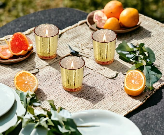 Mister Candle Unscented Gold Mercury Glass Votive Candles, 2" Filled Candle Jars for Centerpieces, Wedding Décor, Events, Home & Party Ambiance, Set of 12 Hand Made in USA