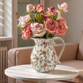 Green and Beige Vintage Vase with Handle,Red Rose Chinoiserie Vase,Farmhouse Antique Decorative Ceramic Vases for Home Decor,Bookshelf, Dining Table, Coffee Table,Mantel, Tuscan Decor (H8.05 Inch)