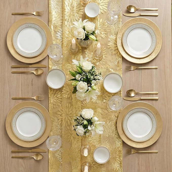 Artoid Mode Yellow Gold Dahlia Flower Gauze Table Runner 120 Inch 10FT, Glitter Metallic Foil Sheer Cheesecloth Dining Holiday Table Decor for Home Party