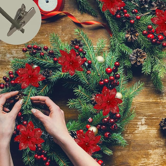 12 PCS Poinsettia Flower Artificial Red Christmas Flowers Artificial 5.5'' Glitter Poinsettias Artificial Christmas Tree Flower with Clips DIY Xmas Wreath Holiday New Year Home Party Decor
