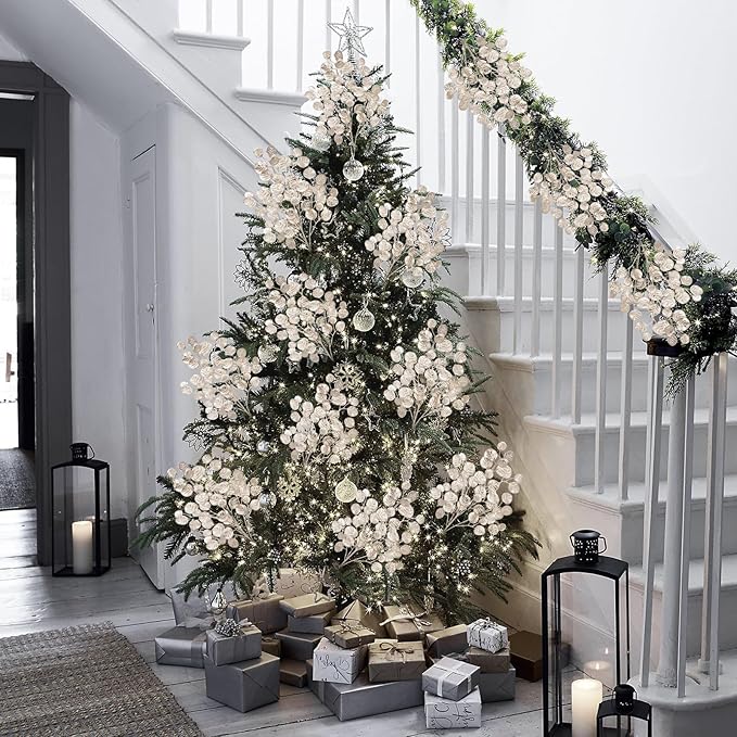 Hollyone 24.8” Christmas Tree Picks and Sprays 3Pcs Champagne Artificial Eucalyptus Stems Eucalyptus Silver Dollar Leaves Branches Floral for Xmas Tree Garland Wreath Centerpieces Wedding Decor