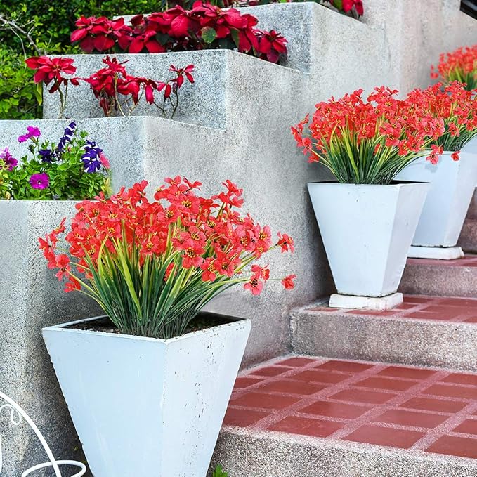 30 Bundles Artificial Flowers Outdoor UV Resistant Fake Flowers No Fade Faux Plastic Plants Garden Porch Window Box Decorating(Deep Red)
