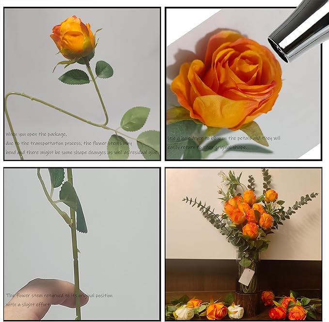 Artificial Roses 10 Pcs - Lifelike Single Stem Fake Roses with Natural Petal Texture,Fade-Resistant Silk Flowers for Wedding Decor,Home Vase Arrangements,Party Centerpieces(10, Orange)