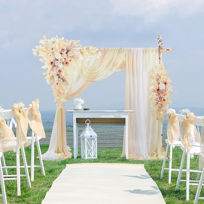 Wedding Arch Flowers Kit Pack of 5,2pcs Boho Artificial Floral Swag Arrangement and 3pcs Fabric Drap for Wedding Flower Arch Decor Ceremony Arbor Reception (Beige)