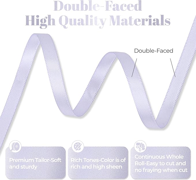 Lilac Mist Satin Ribbon, Double Faced 1/4 Inch X 50 Yards Lilac Mist Ribbon, Premium Satin Ribbon for Gift Wrapping, Crafts, Hair Bow Making, Sewing, Flower Bouquet, Wedding Party Decor