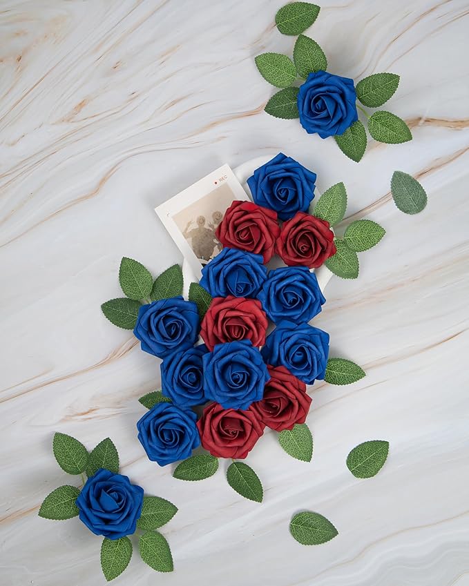 DuHouse 25Pcs Artificial Roses Flowers Fake Rose with Stems Real Touch Foam Flowers for DIY Wedding Bouquet Baby Shower Centerpiece Floral Arrangement Party Home Decor(Blue White Red)