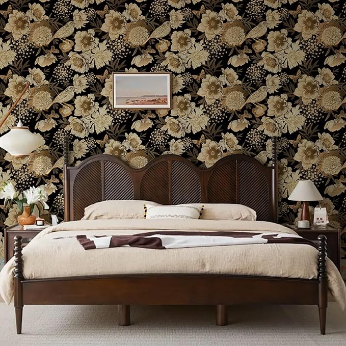 Floral & Birds Peel and Stick Wallpaper Antique Gold Black Self Adhesive Removable Floral Wallpaper for Bedroom Renter Friendly Floral Contact Paper for Bedroom Bathroom Walls Shelf Liner 17.7"x118.1"