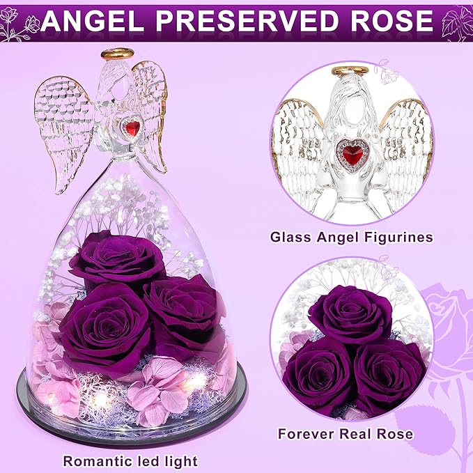 Mothers Day Rose Gifts for Women, Large Angel Figurines with Real Roses, Preserved Real Flower Rose for Her - Purple