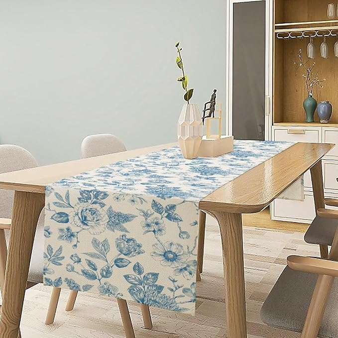 Blue Floral Table Runner, Spring Summer Sketch Wildflower Vintage Country Farmhouse Coffee Table Center Decor for Home Kitchen Dining Patio Holiday Party Table Decorations 13x108 inches