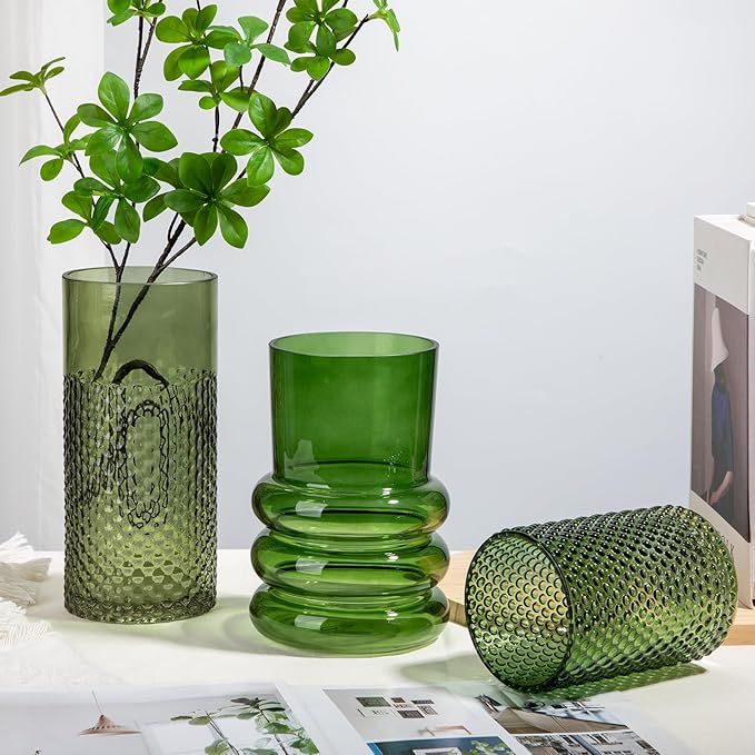 Sage Green Vase Glass Cylinder Vase, 8.7" H x 4" W Flower Vases Decorative Modern Wide Mouth Vase Bubble Glass Vases for Centerpieces Mantel Shelf Table Home Decor
