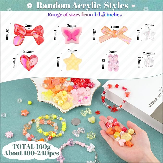 Assorted 210-270PCS Acrylic Beads for Bracelet Making, Flower Bow Candy Gummy Bear Kawaii Bracelet Charms,Cute Beads for Jewelry Making DIY Necklace Keychain Phone Charm Christmas Gift