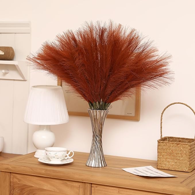 Burnt Orange Pampas Grass - 60pcs 24 Inch Artificial Pampas Grass Decor, Tall Pampas Grass for Floor Vase, Table Centerpieces, Wedding, Party and Fall Decor (Burnt Orange, 60 Pieces)