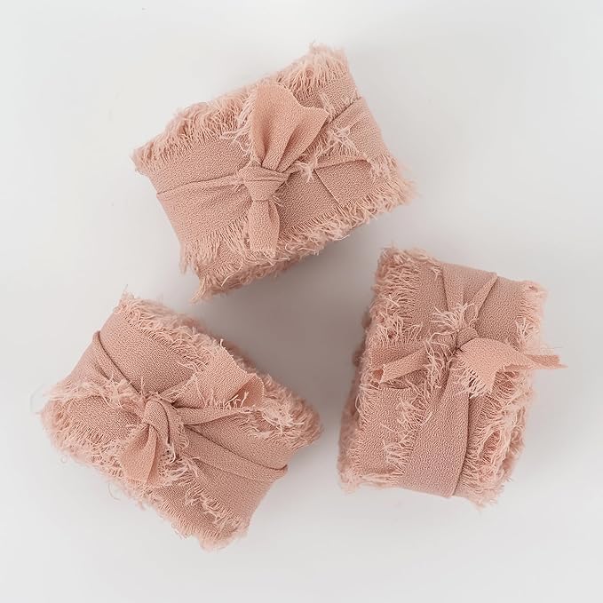 MEEDEE Rosy Mauve Chiffon Ribbon 1 Inch Fringe Ribbons Pink Chiffon Silk Frayed Edge Ribbon Thin Chiffon Ribbons for Crafts, Gift Wrapping, Wedding Invitation (3 Rolls 21 Yards)