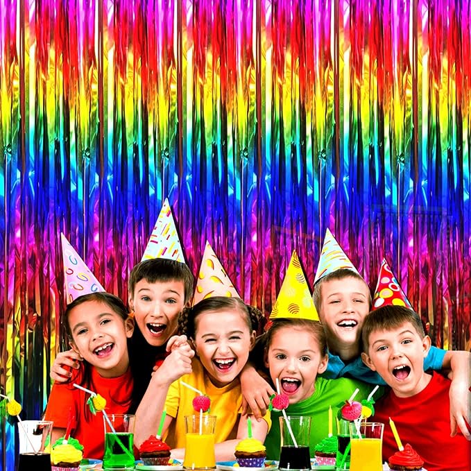 4 Pack Rainbow Tinsel Foil Fringe Curtain Backdrop, 3.28Ft x 8.2Ft Colorful Metallic Streamers for Photo Booth Props Wedding Bridal Shower Bachelorette Birthday Halloween Christmas Party Decoration