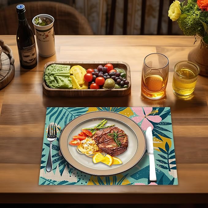 Boho Foliage Botanical Placemats Set of 4, Tropical Palm Leaves and Floral Place Mats Heat Resistant Washable Non-Slip Table Mats for Party Kitchen Dining Decor 12x18 Inch