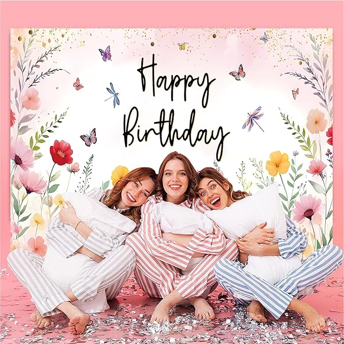 7x5ft Pink Floral Decoration Backdrop for Women Girl Birthday Party Spring Flower Bush Garden Theme Background Happy Birthday Photography Supplies Greenery Wildflower Banner