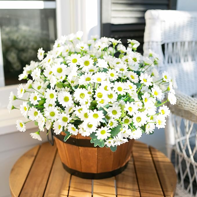 Daisy Artificial Flowers for Outdoors Winter Decoration, 6 Bundles Fake Mums White Silk Flowers for Outside Look Real UV Resistant Faux Flowers Plants for Planter Front Door Home Indoor Porch Urn