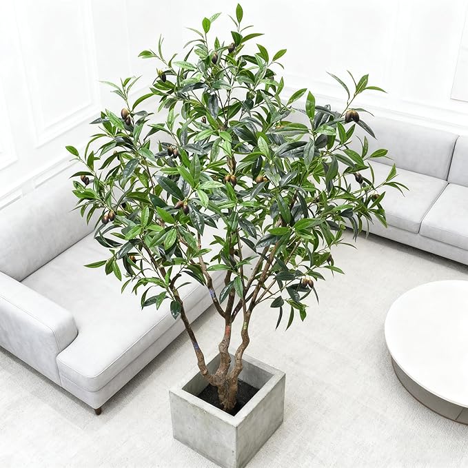 Olive Tree 7.5ft New Large Fruit, New Large Leaves - Artificial Tree, Fake Tree & Faux Tree with Sturdy Base for Indoor Outdoor Office Decor