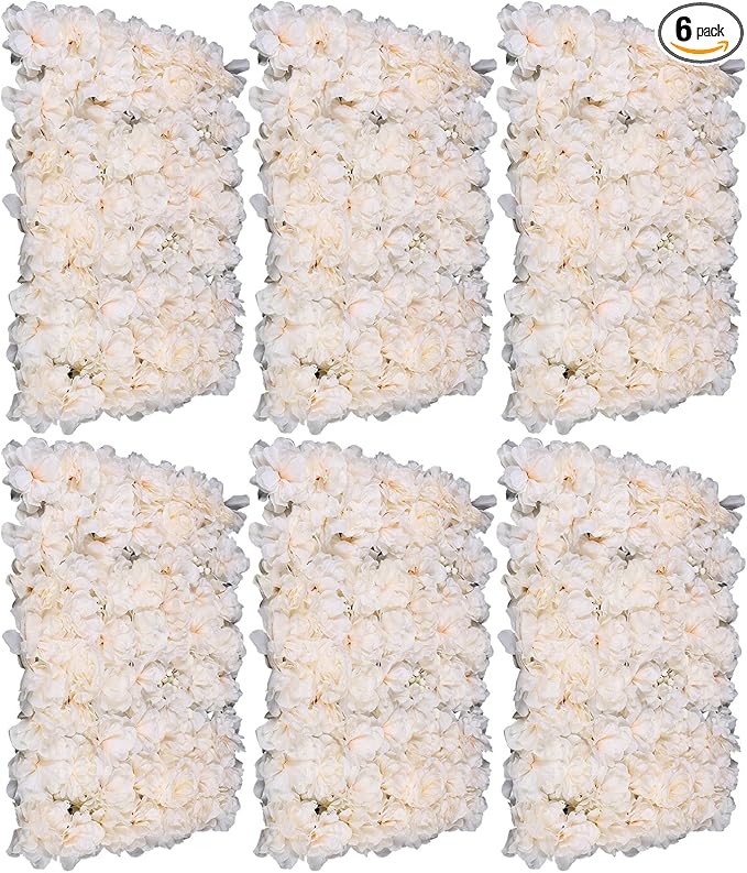 16"x 24" Artificial Flower Wall Panels, Silk Flower Panels for Outdoor Garden Backyard Fence Privacy Screen and Indoor Wall Decor (6Pcs Champagne)