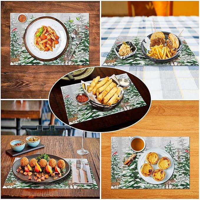 Winter Snowy Forest Placemats Christmas Pine Tree Snowflake Holiday Bath Rustic Christmas Tree Placemats Table Kitchen Dining Party 12x18 Inch Set of 6