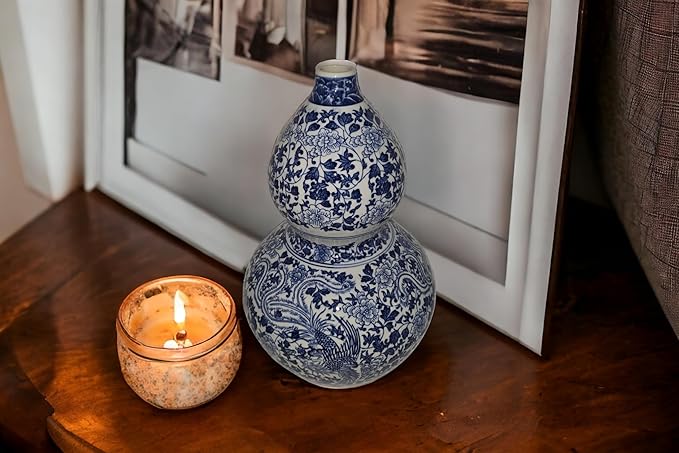 16" Classic Blue and White Porcelain Gourd-Shaped Vase, China Ming Style, Good Fortune, Fengshui, Jingdezhen