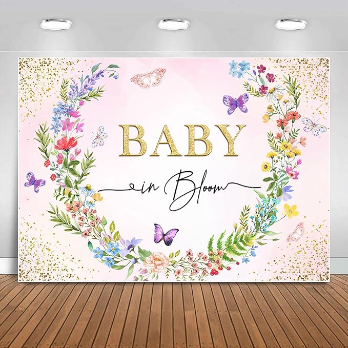 Sensfun Baby in Bloom Backdrop Banner Girls Wildflower Baby Shower Decorations,Pink Floral Butterfly Gold Glitter Photography Background for Wildflowe Baby Shower Newborn Party Photo Booth Props 5x3ft