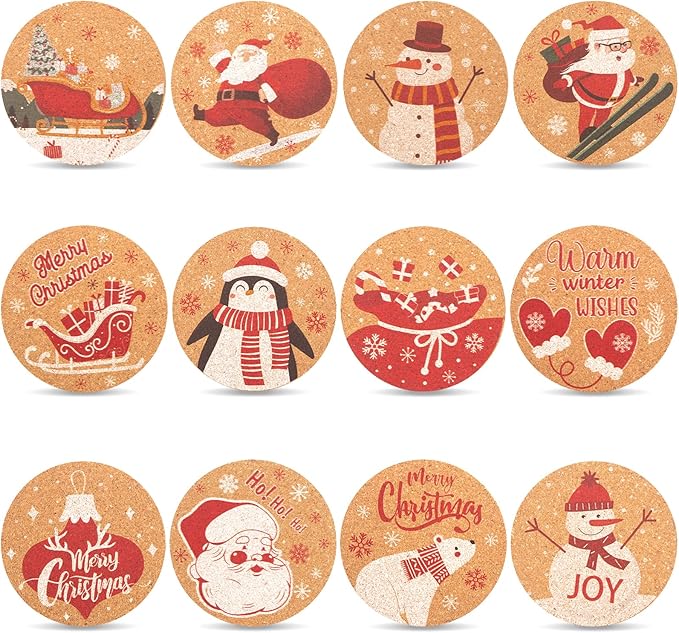 HANSGO 12PCS Christmas Cork Coasters, Cork Cup Mat Xmas Wooden Coasters for Drinks Xmas Party Home Kitchen Table