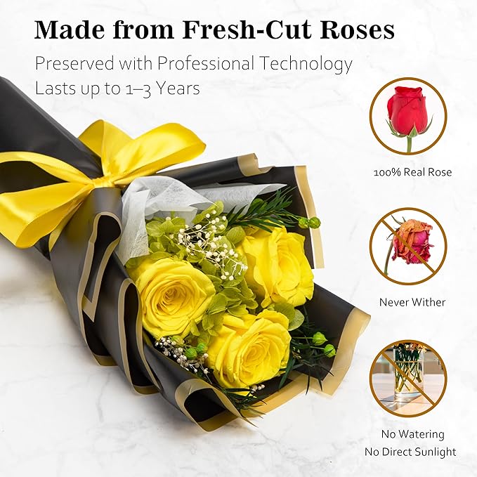 Flower Bouquet Gifts for Her, Flowers for Delivery Prime, Preserved Roses Flower Gifts for Women, Valentines Flowers, Mom Gifts from Daughter Son, Birthday Gifts, Real Roses,Yellow Roses