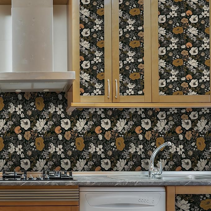 17.3"x118" Vintage Wallpaper Boho Peel and Stick Dark Floral Wall Paper Contact Paper Wildflowers Botanical Papers Removable Renter Friendly Wallpaper