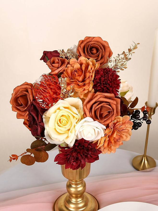 Artificial Flowers Combo Box for DIY Wedding Bouquet Arrangement, Silk Faux Flower for Bridal Table Centerpieces Party Cake Baby Shower（Orange & Burgundy）