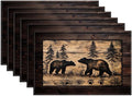 Brown Bear Pine Tree Placemats Set of 6, Wood Grain Linen Place Mat Washable Stain Resistant Table Mats for Farmhouse Kitchen Party 12x18 Inch
