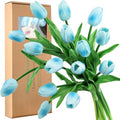 FiveSeasonStuff Real Touch Tulips Artificial Flowers – 15 Stems Faux Tulip Bouquet in Gift Box for Wedding, Home Decor, Party, Floral Arrangements (Arctic Blue)
