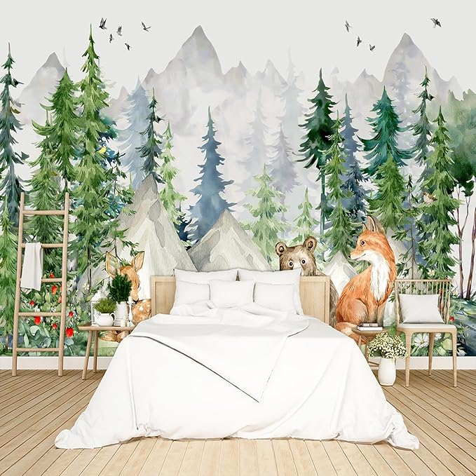 Kids Animals Forest Wallpaper Peel and Stick Nursery Wall Mural for Bedroom Living Room - 58"x86"