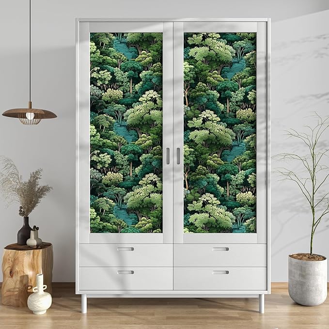 Forest Wallpaper Peel and Stick, Green Trees Contact Paper, Vintage Woodland Mountain Botanical Wall Paper Self Adhesive Waterproof Removable for Room Shelves Cabinet Drawer Table Decor 17.5" x 78.7"