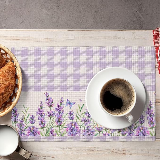 Flowers Leaves Spring Placemats Set of 4,Purple Plaid Background Flower Seasonal Table Mats for Party Kitchen Dining Decoration 6 PCS