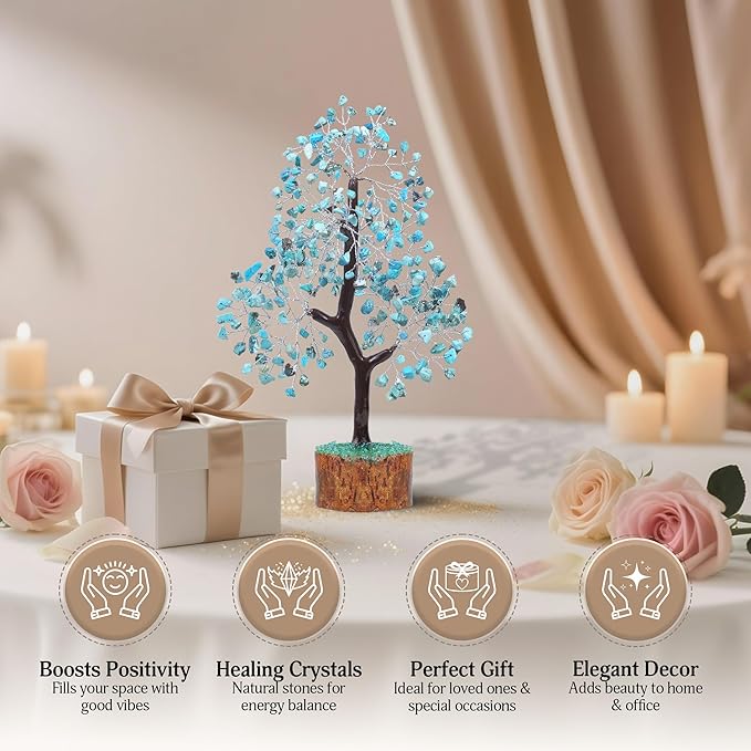 FASHIONZAADI Turquoise Crystal Tree, Gemstone Tree Home and Office Decor, Good Luck Gifts, Crystals Decor, Housewarming Gifts