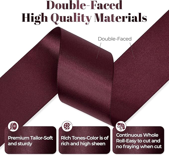 Burgundy Satin Ribbon, Double Faced 2 Inch X 25 Yards Burgundy Ribbon, Premium Satin Ribbon for Gift Wrapping, Crafts, Hair Bow Making, Sewing, Flower Bouquet, Wedding Party Decor